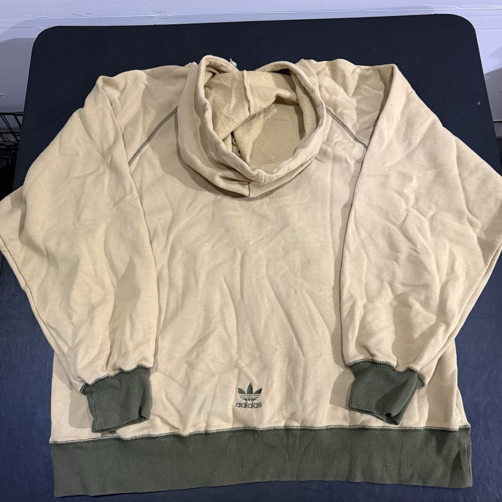 Vintage 90s Adidas Beige Pullover Hoodie Trefoil Embroidered USA Made Mens Sz L - Picture 2 of 8